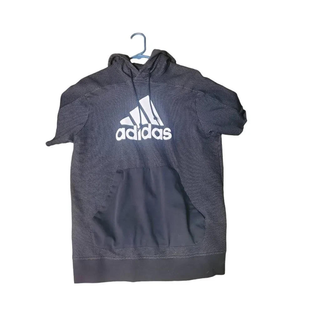 Adidas Black Gray Sport ID Short Sleeve Pullover Hoodie Logo CV3224 Men’s Size M